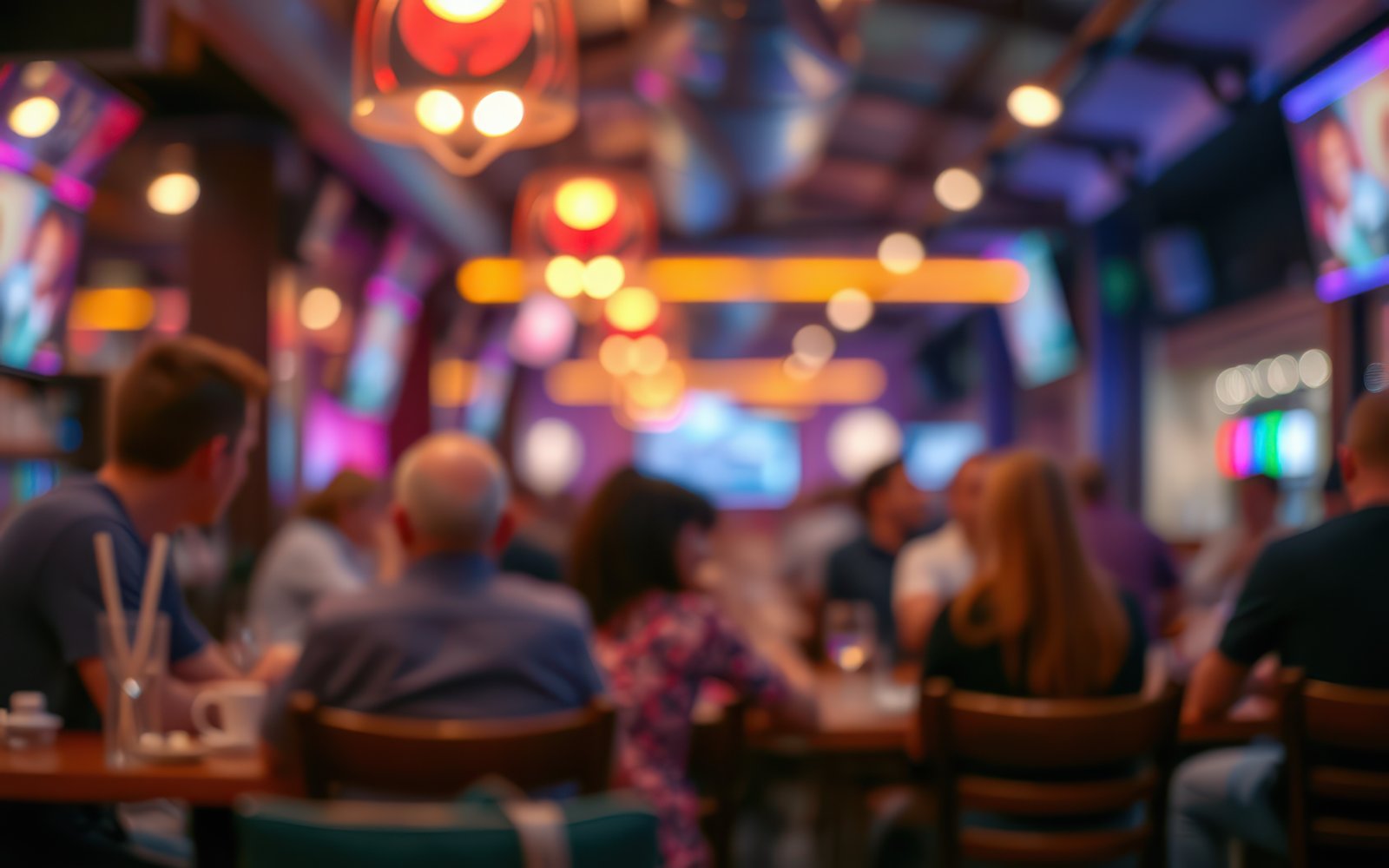 Busy restaurant interior with patrons enjoying food and drinks while watching sports on multiple screens